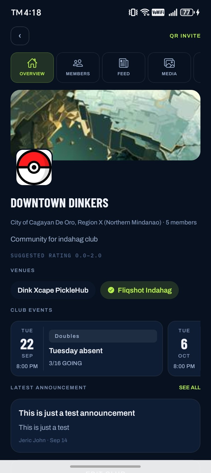 Club overview with events and announcements