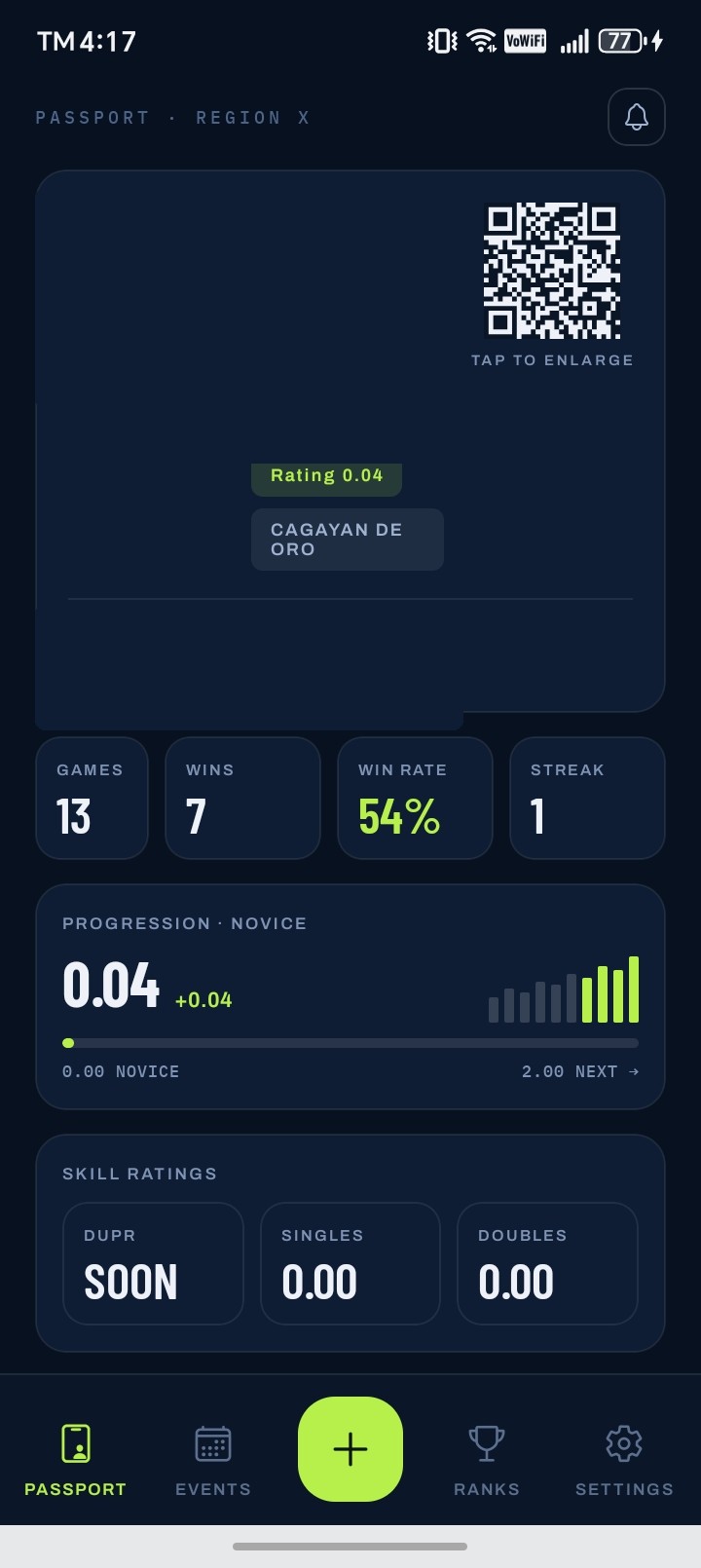 Pickleball Passport app — passport screen