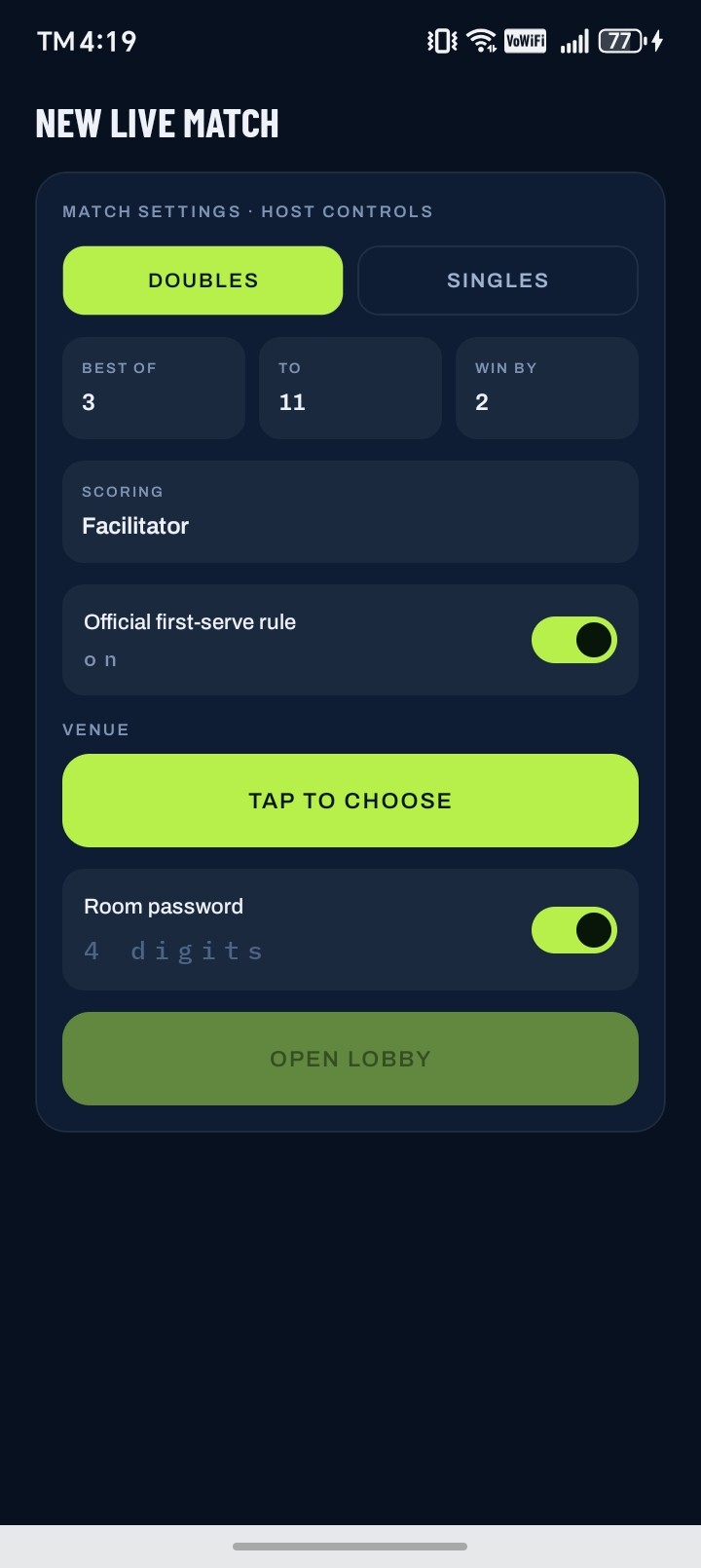 Live match room settings