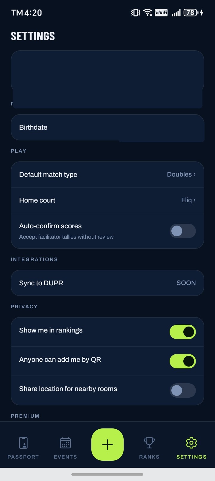 Player settings and privacy controls